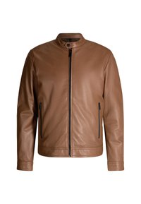 Bruine leren jas met een staande kraag, voorzijde met ritsluiting en twee zijzakken met rits. Gladde textuur en slim-fit ontwerp.