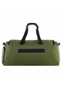 Green duffel bag made of textured fabric, featuring black handles and accents, with a rectangular shape and a front loop for attachment.
