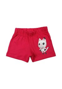 Shorts rouges en coton avec une ceinture élastique, ornés d'un dessin animé de chat blanc sur le côté gauche. Texture lisse et design décontracté.