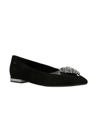 Ballerina nera in suede con punta a punta, tacco basso argentato e grande decorazione in argento con gioiello nella zona delle punte.