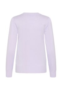 Pull violet clair à manches longues avec poignets, ourlet et encolure côtelés, vu de dos sur fond blanc.