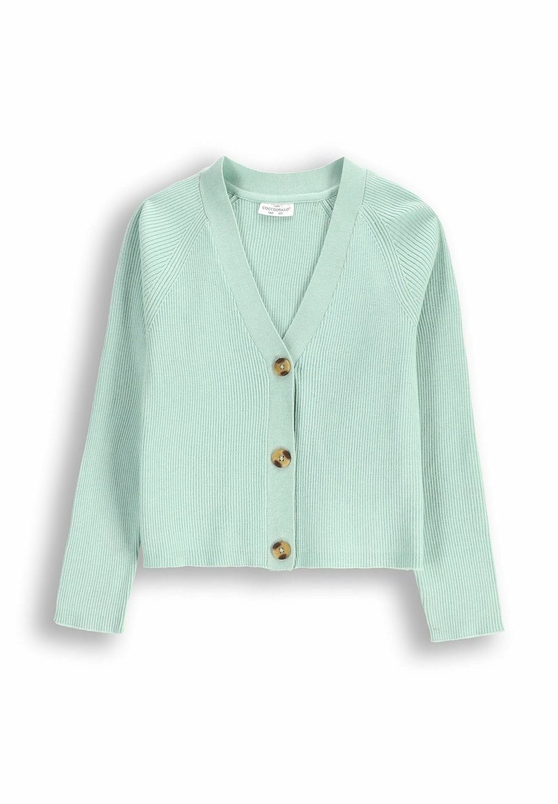 Cardigan en maille côtelée vert clair avec manches longues et trois boutons marron sur le devant, col en V.