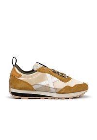 Men's sneakers with beige and brown suede and fabric upper, white accents, black outsole, and brown textured sole, featuring lace closure.