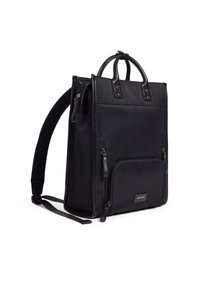 Black backpack made of durable fabric with dual top handles, adjustable straps, front zip pocket, and flat panel design.