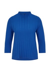 Kungablå tröja med hög hals, ribbat mönster och trekvartslånga ärmar. Slim fit med samlade detaljer i sidorna.