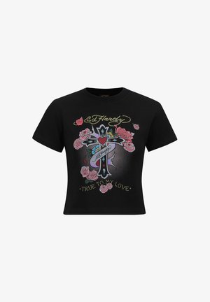 Czarny bawełniany krótki t-shirt z graficznym wzorem przedstawiającym krzyż otoczony różami oraz napisem "WIERNY SWOJEJ MIŁOŚCI" w ozdobnej czcionce.