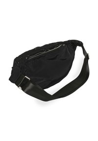 Fekete nejlon övtáska cipzáros zárással, díszített fémalkatrészekkel és széles állítható pánttal a kényelmes viselet érdekében.