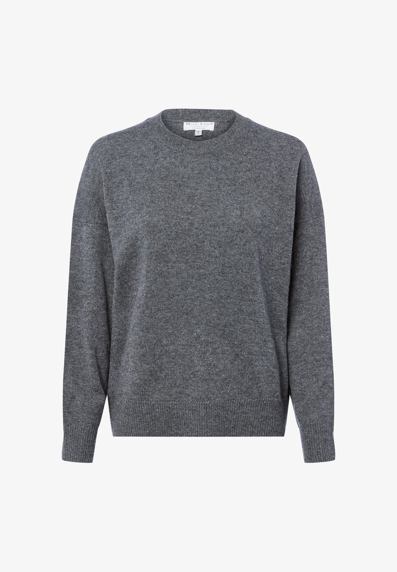 Grae Strickpullover mit rundem Halsausschnitt, langen Ärmeln und gerippten Bündchen und Saum. Die Textur ist weich und leicht fusselig. Keine Muster oder Akzente.