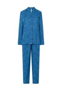 Set de pijama azul que incluye una camisa de botones de manga larga y pantalones a juego con un estampado floral y un ribete de contraste en los bordes.