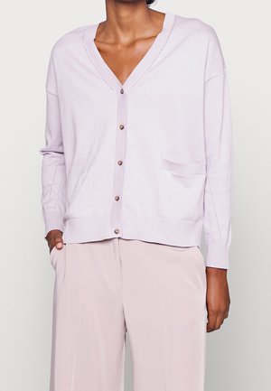 Lavender cardigan made of soft knit fabric, featuring a V-neck, five buttons, a pocket, and ribbed cuffs.