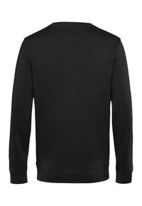 Effen zwarte sweatshirt met lange mouwen, gezien vanaf de achterkant, met ribgebreide boorden en zoom en een ronde halslijn.