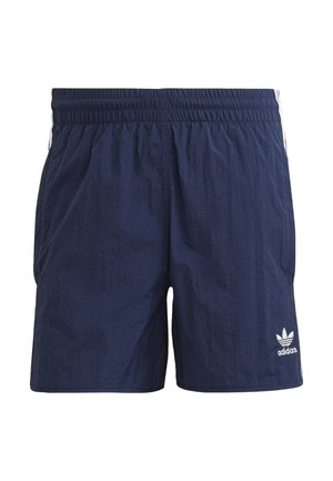 Navyblaue Adidas-Shorts mit elastischem Bund, weißen Seitenstreifen und Adidas-Logo am unteren linken Bein.