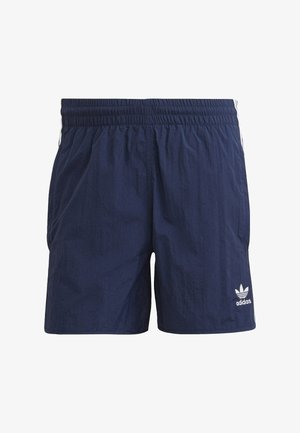 Navyblaue Adidas-Shorts mit elastischem Bund, weißen Seitenstreifen und Adidas-Logo am unteren linken Bein.