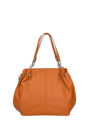 Borsa in pelle marrone con una forma arrotondata, manici superiori e dettagli in metallo. Texture liscia con dettagli arricciati sui lati.