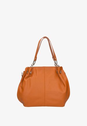 Ruskea nahkalaukku, jossa on pyöristetty muoto, yläkahvat ja metalliset koristeet. Tasainen pinta, jossa on kerättyjä sivuyksityiskohtia.