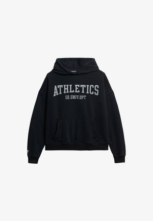 Sudadera negra con capucha con el texto "ATHLETICS SD. UNIV. DPT" en gris, con un bolsillo tipo canguro delantero y puños y dobladillo acanalados.