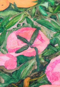 Gros plan sur une peinture texturée représentant des fleurs roses avec des feuilles vertes sur un fond orange et marron.