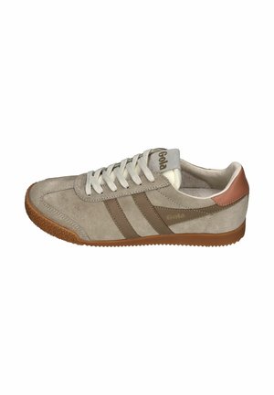 Suede beige sneaker with brown stripes, white laces, rubber sole, and Gola branding on side and tongue, viewed from the outer side.