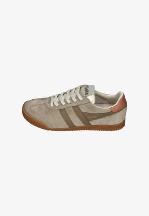 Suede beige sneaker with brown stripes, white laces, rubber sole, and Gola branding on side and tongue, viewed from the outer side.
