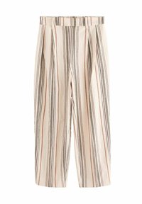 Pantalons rayés en tissu léger, comportant des rayures verticales beige, vert et rouille ; devant plissé et taille élastique.