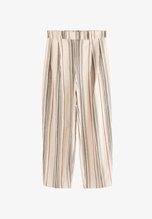 Gestreepte broek van lichtgewicht stof, met verticale strepen in beige, groen en roestkleur; geplooide voorkant en elastische tailleband.