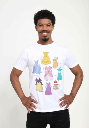 White t-shirt featuring colorful illustrations of various princess dresses. Dresses in shades of yellow, blue, pink, green, and red, with notable designs.