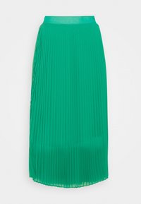 Gonna midi plissettata di un verde vivace, realizzata in tessuto leggero. Presenta una vita liscia e un design fluido con linee verticali.