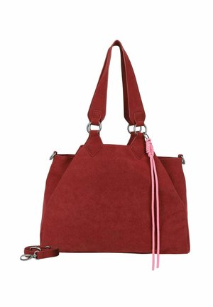 Borsa in suede rossa con manici superiori doppi, hardware argentato e un accento annodato rosa. Presenta una forma strutturata e una tracolla removibile.