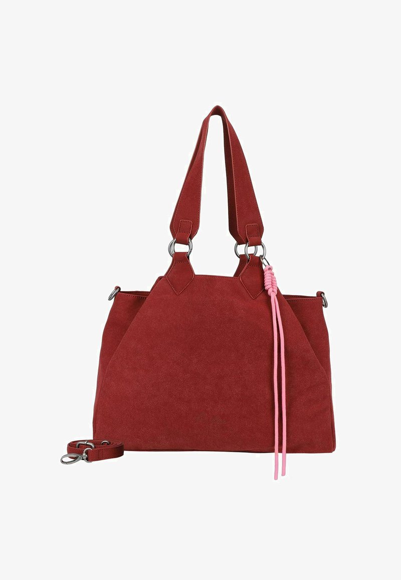 Borsa in suede rossa con manici superiori doppi, hardware argentato e un accento annodato rosa. Presenta una forma strutturata e una tracolla removibile.