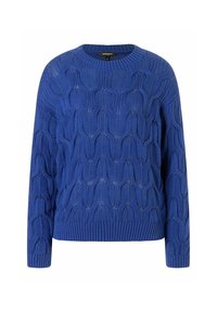 Pull tricoté bleu avec un motif en forme de vagues texturées, col rond, poignets et ourlet côtelés. Confectionné en fil épais pour plus de chaleur.