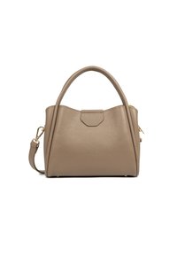 Sac à main en cuir texturé beige avec des poignées supérieures incurvées, une bandoulière amovible, et des accessoires en métal doré, présenté sur un fond blanc.