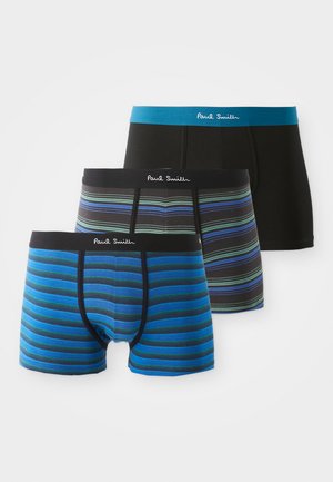 Trois paires de boxers pour hommes. Un noir uni, un noir avec des rayures vertes et bleues, et un bleu avec des rayures horizontales. Ceinture confortable.
