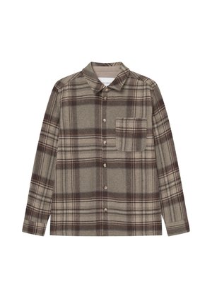 Camisa de franela a cuadros marrón con cuello clásico, mangas largas, cierre de botones y bolsillo en el pecho. Textura suave con patrones sutiles.