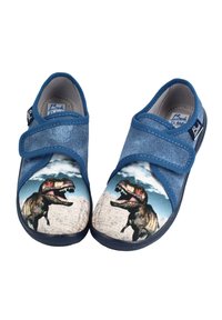 Blaue Stoffschuhe mit Klettverschlüssen, die ein Dinosaurier-Motiv im Zehenbereich und eine glatte Textur aufweisen.