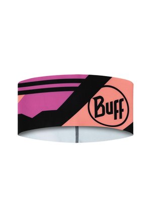 Cinta para la cabeza Buff que presenta un diseño geométrico en rosa, negro y púrpura con un logo circular. El material parece elástico y suave.