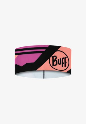 Cinta para la cabeza Buff que presenta un diseño geométrico en rosa, negro y púrpura con un logo circular. El material parece elástico y suave.