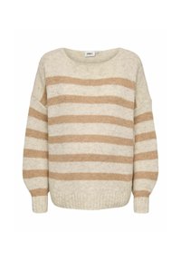 Krémový svetr s širokými béžovými pruhy, měkká textura, volný střih, kulatý výstřih a žebrované manžety a lem. Ideální pro každodenní nošení.