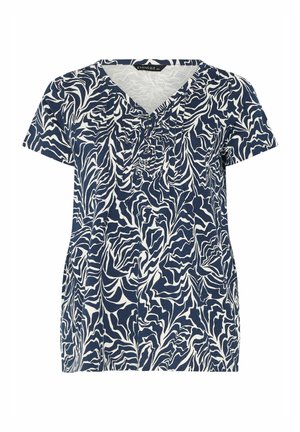 Kurzärmeliges V-Ausschnitt-Bluse mit marineblauem und weißem abstraktem wellenförmigem Muster und Kellerfalte mit Knöpfen auf der Vorderseite.