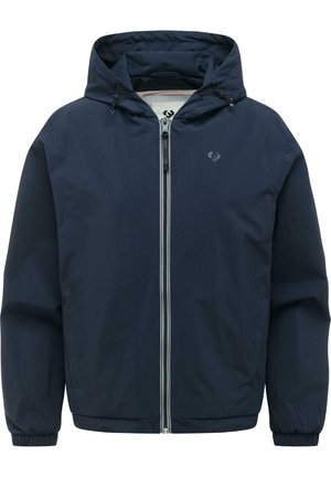 Marineblå hettejakke med full frontglidelås, elastiske mansjetter og et minimalt logo på brystet, designet for casual bruk.