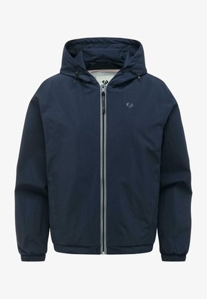 Navy blue hooded jacket with full front zipper, elastic cuffs, and minimal logo on chest, designed for casual wear.
