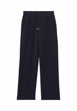 Pantaloni de trening cu picior larg, de culoare bleumarin, dintr-un amestec de bumbac, dotati cu un brâu elastic, șnur și două buzunare laterale. Textură netedă, fără modele.