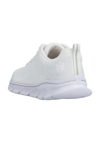 Weißer Sportschuh mit einer strukturierten Mesh-Oberfläche, gepolsterter Sohle und einem Logo an der Ferse. Verfügt über eine Lasche zum Ziehen und dezente graue Akzente.