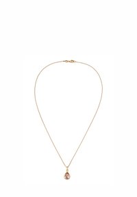 Collier doré avec une fine chaîne et un pendentif en forme de goutte d'eau présentant une pierre précieuse rose, affichant une surface lisse et une finition polie.