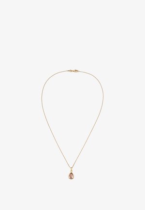 Collier doré avec une fine chaîne et un pendentif en forme de goutte d'eau présentant une pierre précieuse rose, affichant une surface lisse et une finition polie.
