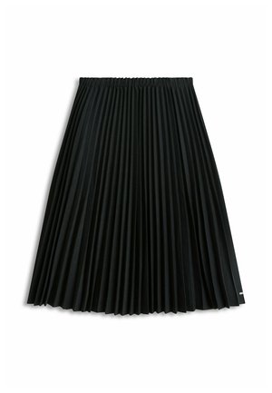 Falda negra plisada con cintura elástica, largo hasta la rodilla, mostrada extendida sobre un fondo blanco.