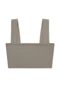 Szürke, stretch crop top négyzet alakú nyakkivágással és széles pántokkal. A textúrált anyag puha, bordázott megjelenésű.