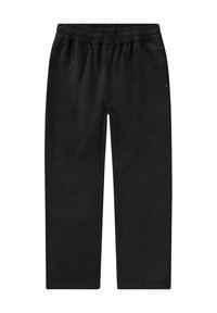 Černé, lehké kalhoty s elastickým pasem, s rovnými nohavicemi a jemnými detaily bočních kapes. Hladká textura.