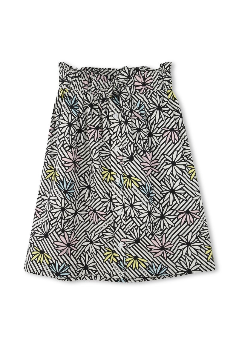 Black and white floral print skirt with pastel accents; features an elastic waistband and button detailing, made from lightweight fabric.