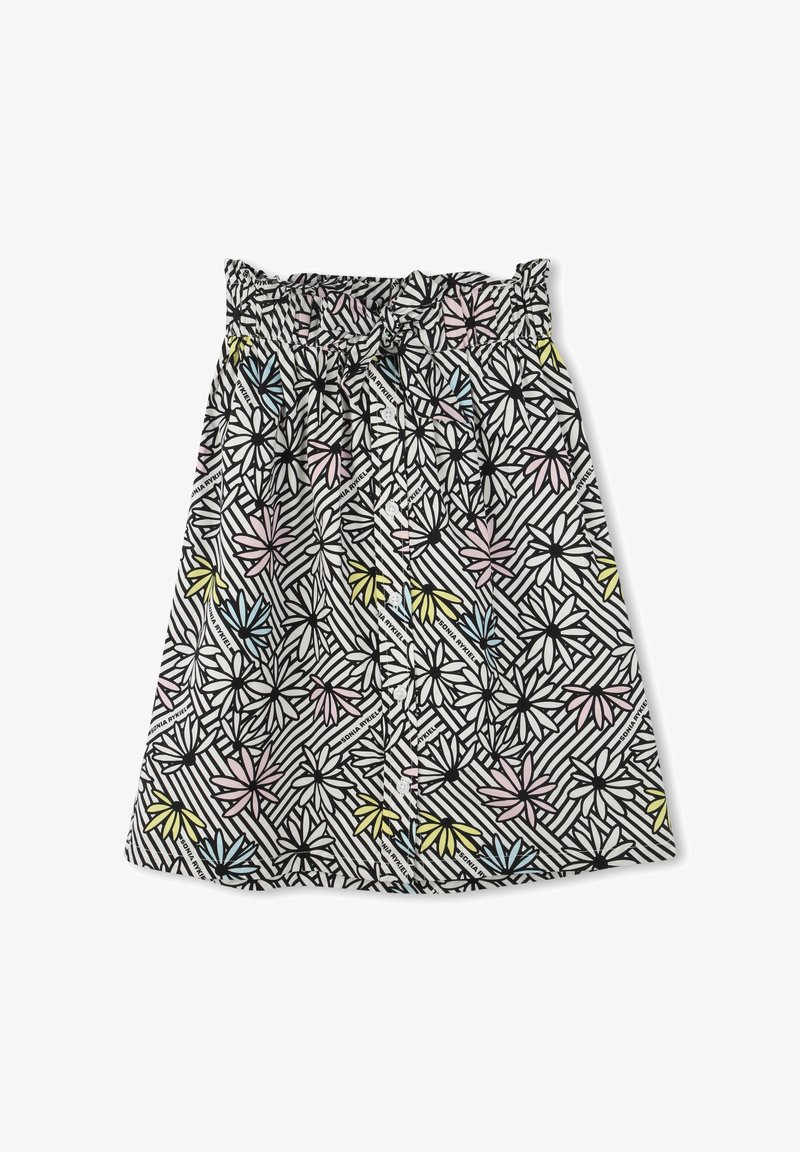 Jupe imprimée florale en noir et blanc avec des accents pastel ; possède une taille élastique et des détails de boutons, fabriquée en tissu léger.