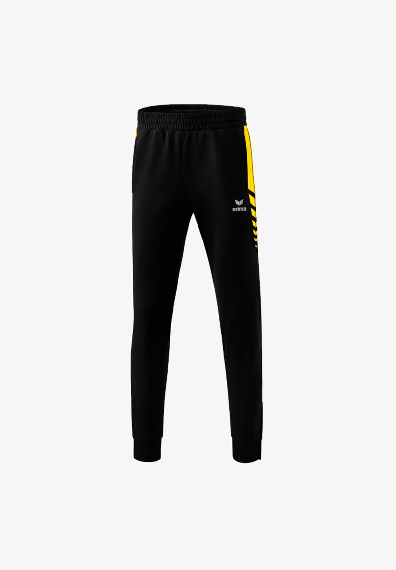 Schwarze Sporthosen mit elastischem Bund, gelben seitlichen Streifen und gerippten Beinabschlüssen. Logos auf der Vorderseite und seitlichen Details für das Branding.